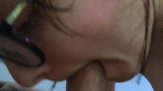 Stepdaughter deepthroats cock and takes cum in mouth