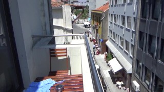Risky Blowjob on balcony with many spectators proceed to hard fuck with gorgeous babe on the bed