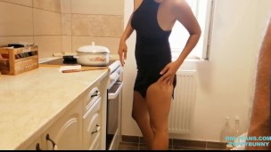 Horny step-mom gives handjob in the kitchen