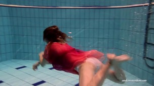 Firm big tits and red dress underwater on Duna Bultihalo