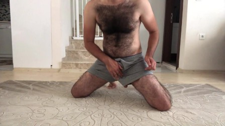 Perfect hairy gay playing alone at the summer house