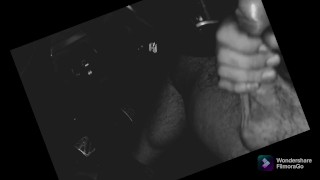 B&W huge dick wank in car