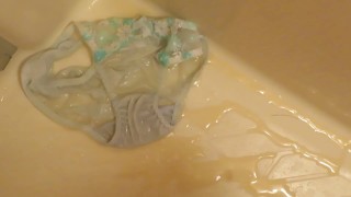 Pissing on light-blue panties!!