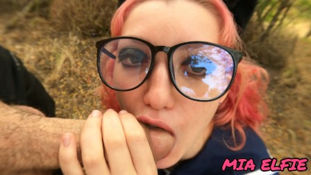 Cute  with glasses diligently gives blowjob and facial