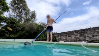 Twink Pool Boy Enjoys His Job And Jerks His Huge Uncut Cock By The Pool
