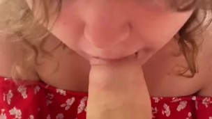 18 year old British babe gives long blowjob and swallows cum from big white cock in pretty red dress