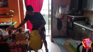 After shopping, he puts her on sheep