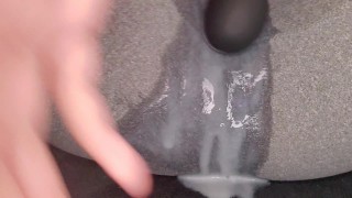 Vibrator orgasm in leggings after HUGE creampie