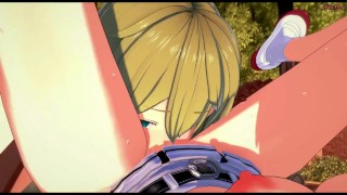 Ryuu Lion and Aiz Wallenstein have lesbian sex and strapon fuck in the garden - Danmachi Hentai.