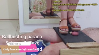 Ballbusting using plataform shoes in table