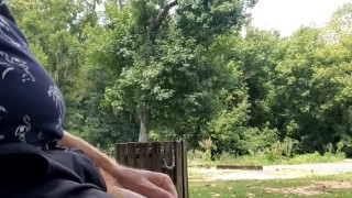 Playing with dick while guy walks by and another guy drives by, nice sunny afternoon 