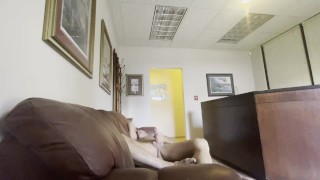 Jacking and edging myself completely naked in the receptionist area at work. Came on my shoulder.
