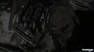 Spit play with latex gloves