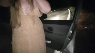 Blond Teen takes a pee outdoor on the road