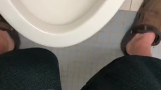 POV Pissing thru my hollow cock sleeve device in a public washroom then tasting the last few P drops