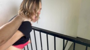 Husband Films Hotwife Fucking Friend in Public Stairwell / Public Creampie