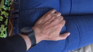 The big ass of my 58 year old latina wife in jean and thong, licked and cumshot on her hairy pussy