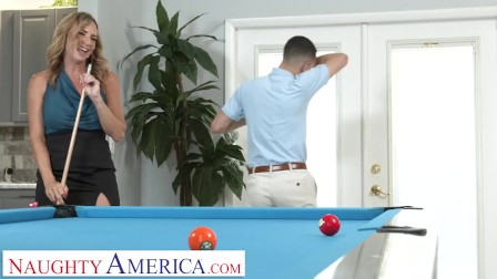 Naughty America - Hot blonde Milf Kenzi Foxx hustle's the pool table cleaner into fucking her wet pu