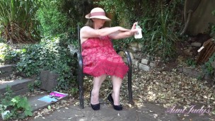Aunt Judy's - 50yo Busty BBW Rachel lotions-up her BIG NATURAL TITS OUTDOORS