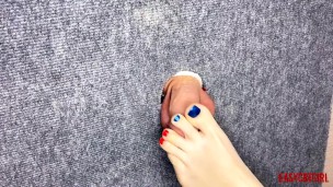 I took a close-up shot of glory hole - spanking my feet on the cock and balls of a slave EasyCBTGirl
