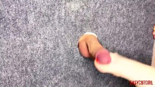 I took a close-up shot of glory hole - spanking my feet on the cock and balls of a slave EasyCBTGirl