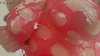 Blonde Carlycurvy and whipped cream all over her body! Licking it up too! 