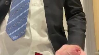 Suited manager masturbating at work - horny, hard and uncut straight guy cumming