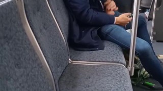 Jerking off in public on city bus with cumshot