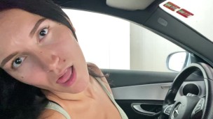 Hot brunette sucked in a car by her boyfriend's big dick in a public car wash