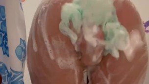 Cute pawg soaps up and rinses, ending with a sucking and riding of the bbc toy