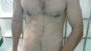Hairy Chested Guy Jerks Off Before Showering