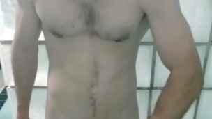 Hairy Chested Guy Jerks Off Before Showering