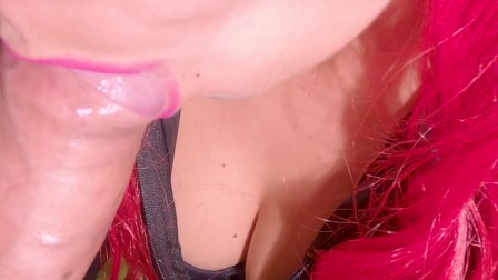 Latex girl sucks me and swallows cum with her tits - Female POV - Close up