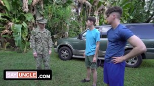 SayUncle Labs - Horny Soldier Shows Two Young Friends Some Military Exercises He Learned In The Army