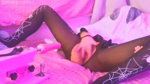 Ghost girl having fun with dildo fucking machine shaking orgasm Halloween witch amateur close up