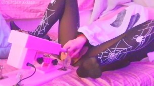 Ghost girl having fun with dildo fucking machine shaking orgasm Halloween witch amateur close up