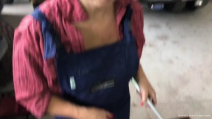Blonde wife with big tits gets sucks dick in the garage
