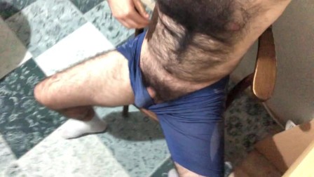 Long hairy men masturbation and cum on table