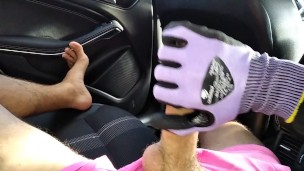 Guy With Nice Big Dick Jerks Hard In The Car With Gloves And Sperm Stains
