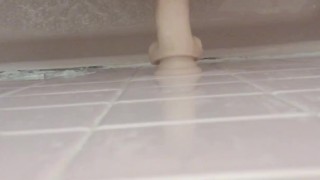 Chubby bear riding dildo in shower solo masturbation