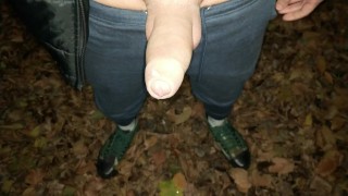 Autumn garden cumshot - Throbbing cock cums on dry leaves