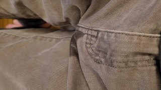 Piss desperation on couch leads to wetting before making it outside 