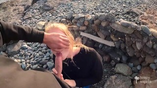 CUM IN MY MOUTH - hot risky public beach blowjob on first tinder date