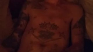 Hot Tattooed guy Jerks off himself teasing his MILF wife filming him. 