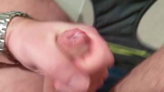 Jerking my thick wet uncut cock in public toilet and wiping precum all over my underwear