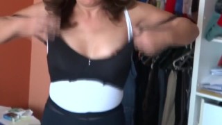 58-year-old Latina mom shows off her luscious tits for stepson to masturbate