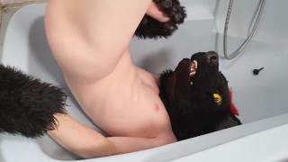 Horny needy fursuiter pisses inside his maw and cum inside