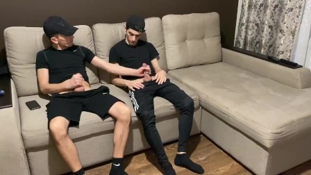 Straight jerk off with twink gay friend in sportswear (blowjob and cum in mouth)