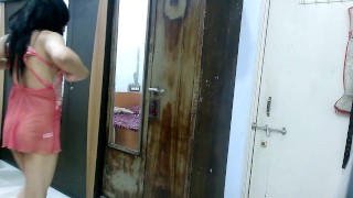 Hot crossdresser in sexy lingerie, spanking ass, showing anus & masturbation with her big dick.
