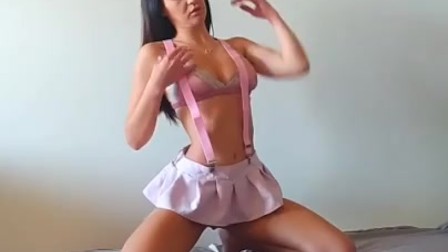 Sexy nasty teen babe with amazing boobs plays with pink lingerie and fucks her pussy with lollypop